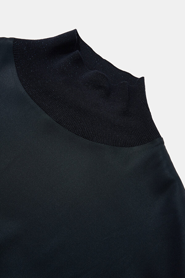 DARK NAVY BLUE UPRIGHT COLLAR LONG SLEEVE BLOUSE 7