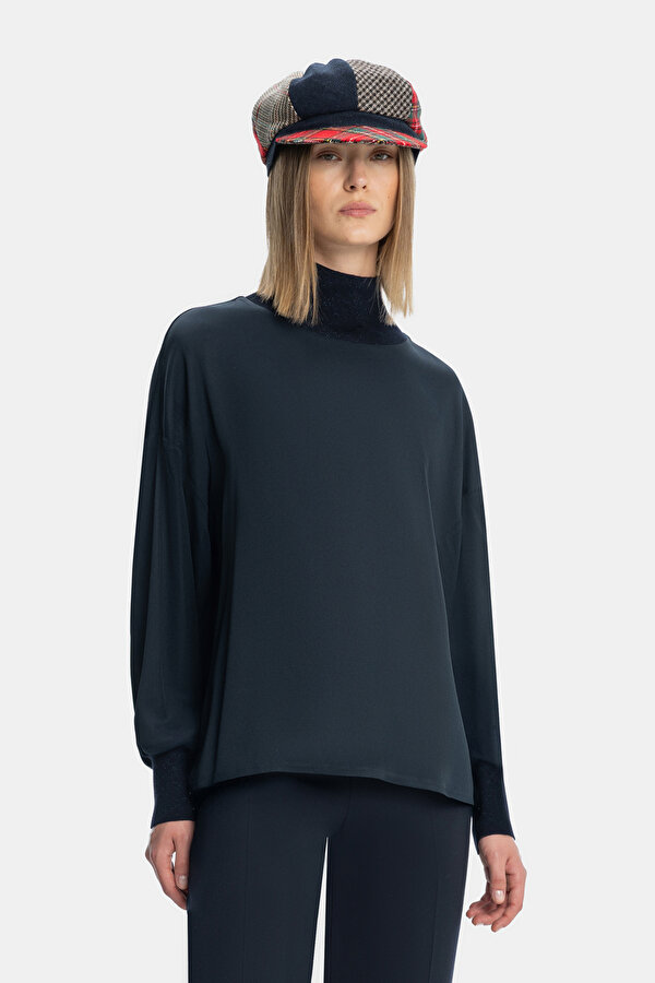 DARK NAVY BLUE UPRIGHT COLLAR LONG SLEEVE BLOUSE