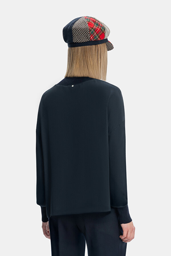 DARK NAVY BLUE UPRIGHT COLLAR LONG SLEEVE BLOUSE 2