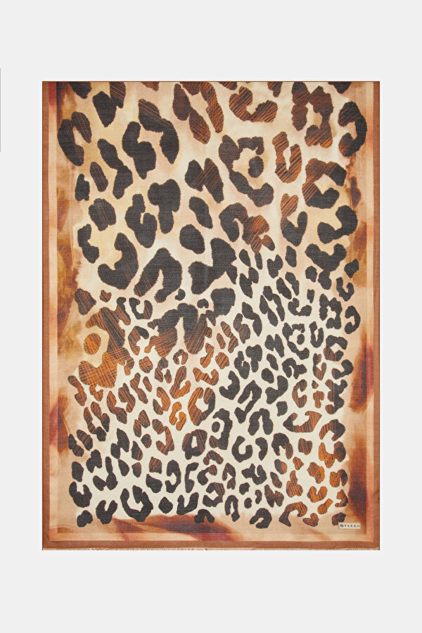 RED BROWN ANIMAL FIGURED WOOL/SILK SHAWL