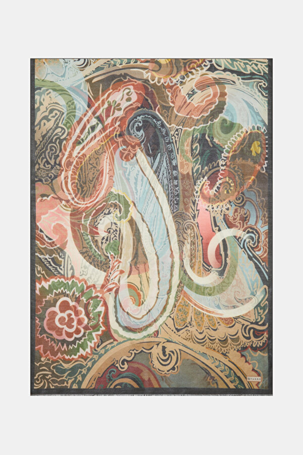 GREEN PAISLEY PATTERNED WOOL/SILK SHAWL