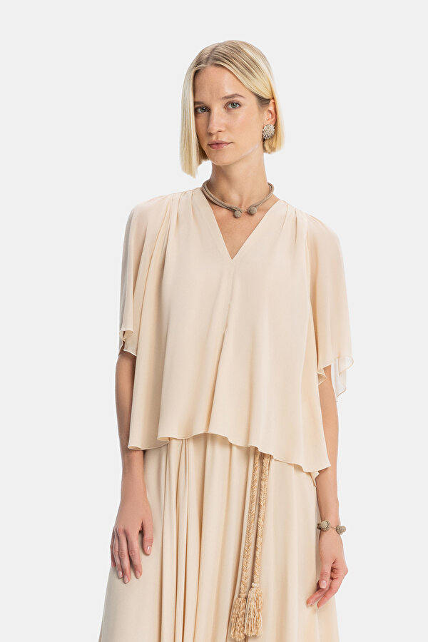BEIGE V NECK LONG SLEEVE BLOUSE