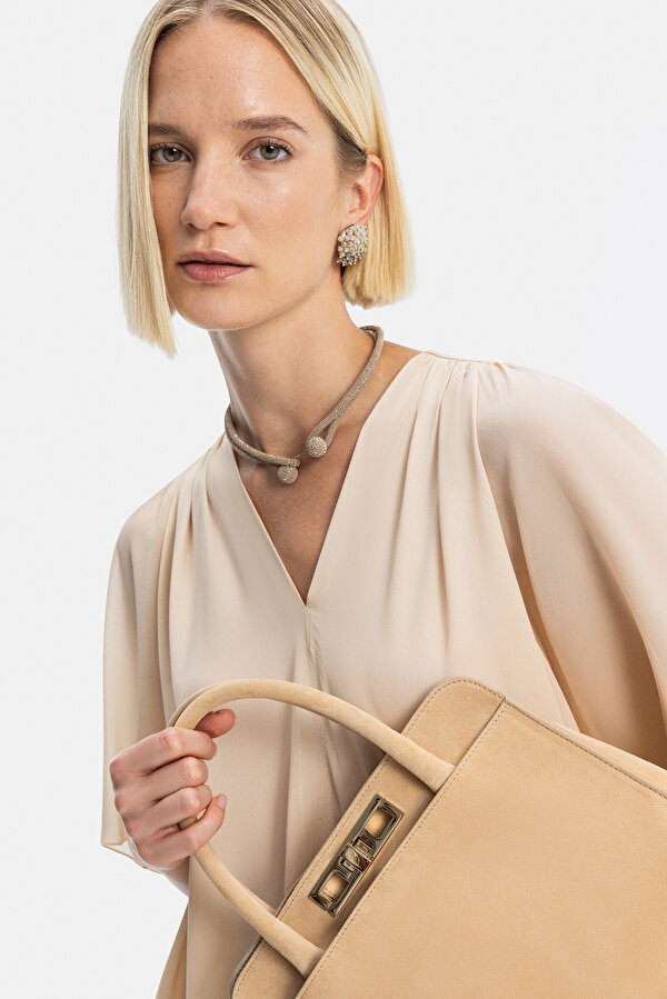BEIGE V NECK LONG SLEEVE BLOUSE 6