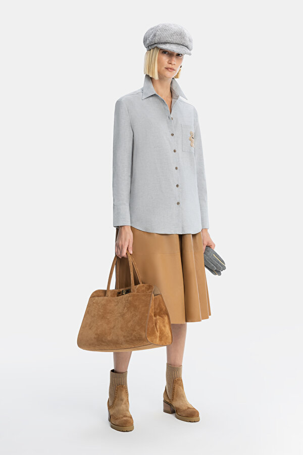 BEIGE LEATHER MIDI SKIRT