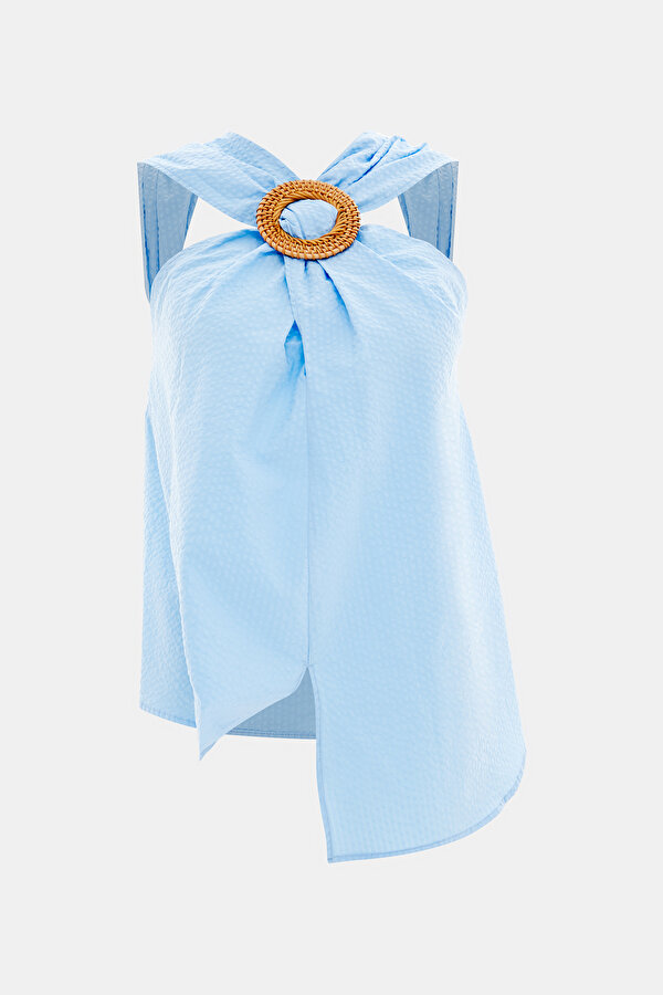 LIGHT BLUE CLEAVAGE HALTER BLOUSE