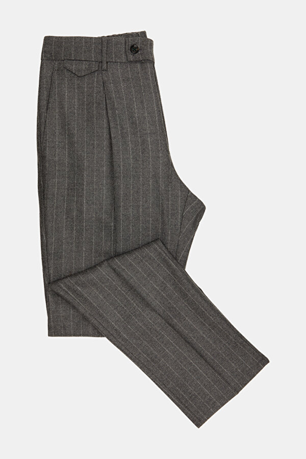TEK PİLELİ BELİ LAPLİ VE LASTİKLİ ÇİZGİLİ YÜNLÜ PANTOLON 6