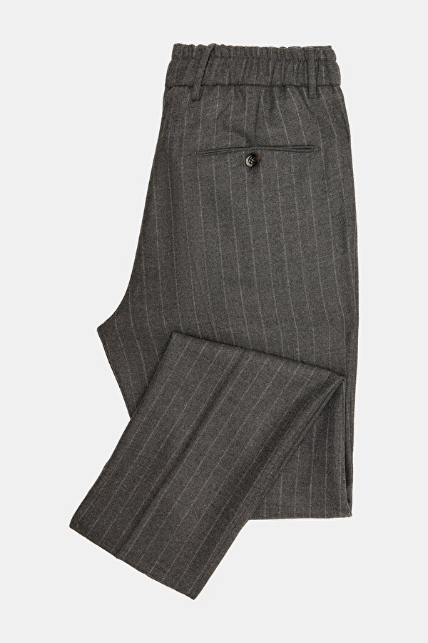 TEK PİLELİ BELİ LAPLİ VE LASTİKLİ ÇİZGİLİ YÜNLÜ PANTOLON 7