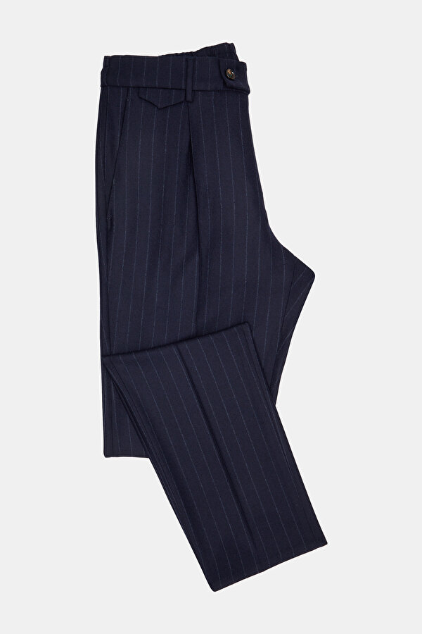 TEK PİLELİ BELİ LAPLİ VE LASTİKLİ ÇİZGİLİ YÜNLÜ PANTOLON