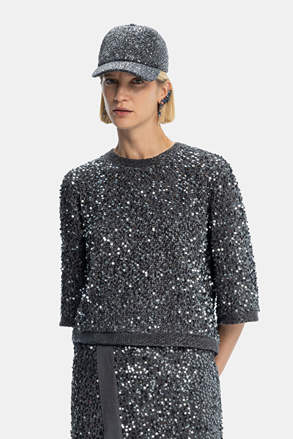 GREY BASIC / ROUND NECKLINE 3/4 SLEEVES BLOUSE 6
