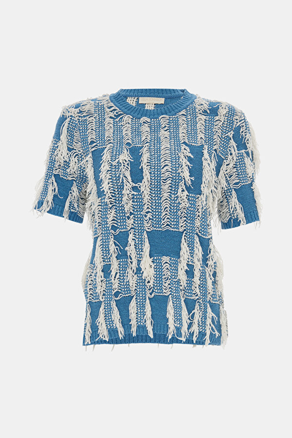 BLUE DESIGN FILLED SLEEVELESS BLOUSE