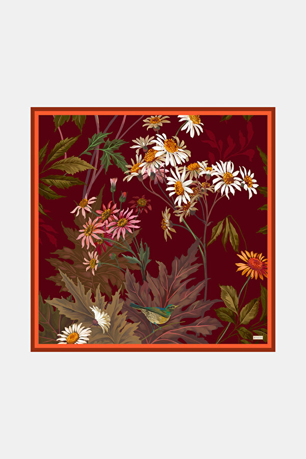 BORDO ÇİÇEK DESENLİ TWILL EŞARP