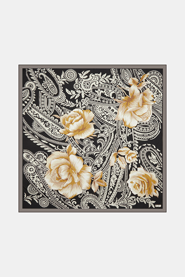 SİYAH ÇİÇEK DESENLİ TWILL EŞARP