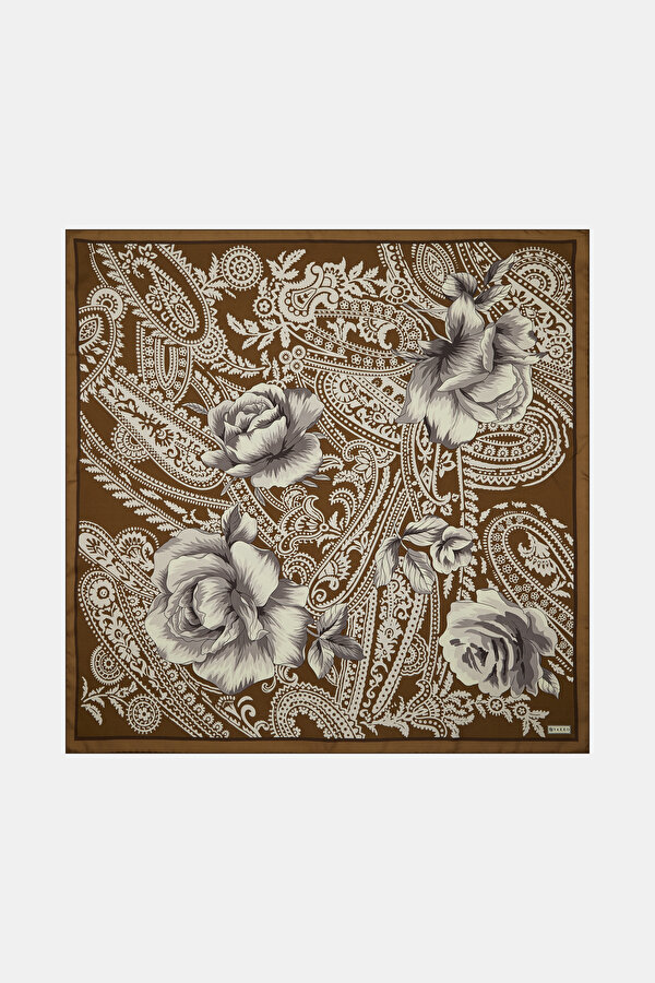 KAHVE ÇİÇEK DESENLİ TWILL EŞARP