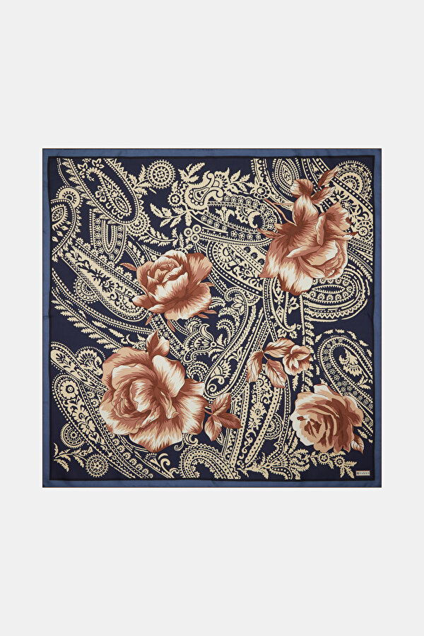 LACİVERT ÇİÇEK DESENLİ TWILL EŞARP