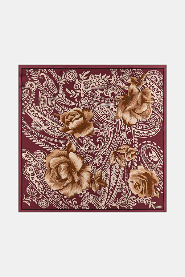 BORDO ÇİÇEK DESENLİ TWILL EŞARP