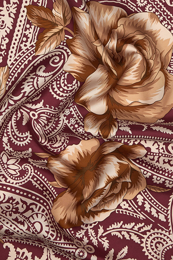 BORDO ÇİÇEK DESENLİ TWILL EŞARP 2
