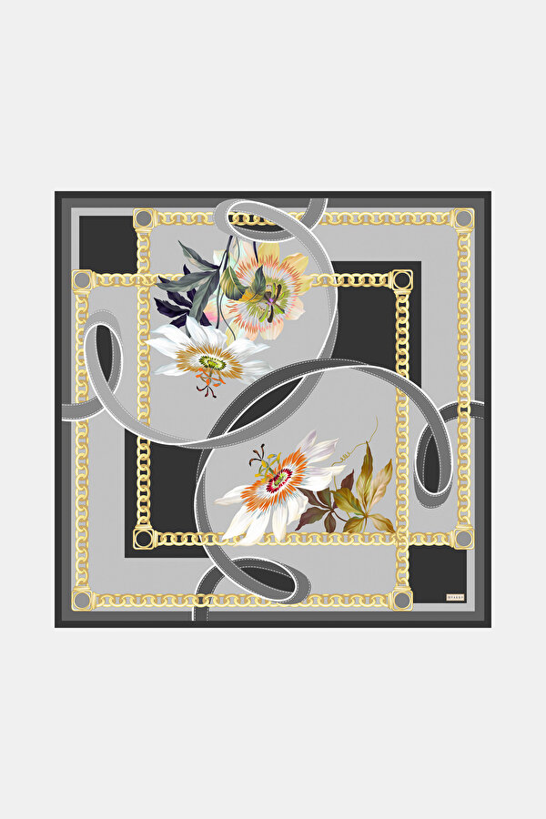 FÜME ÇİÇEK DESENLİ TWILL EŞARP