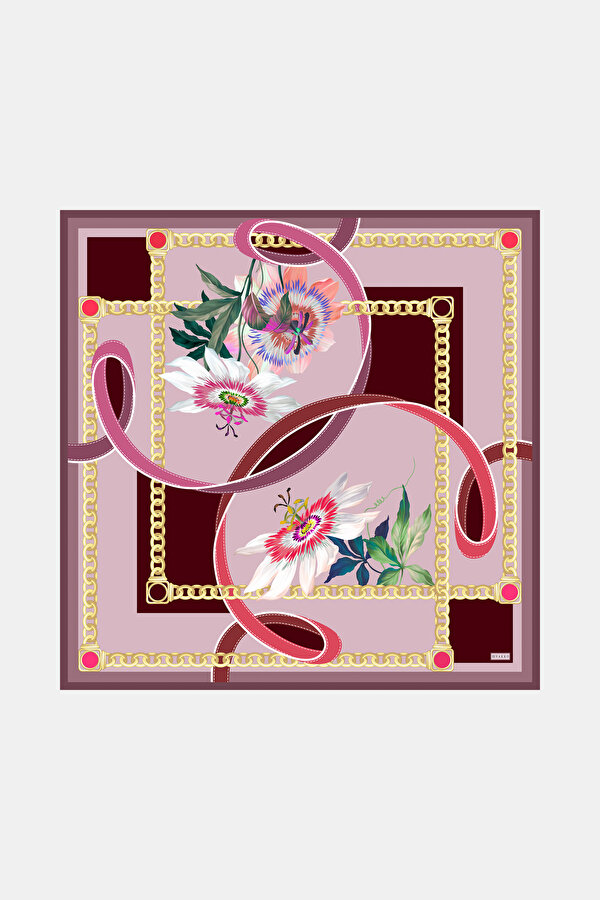 BORDO ÇİÇEK DESENLİ TWILL EŞARP