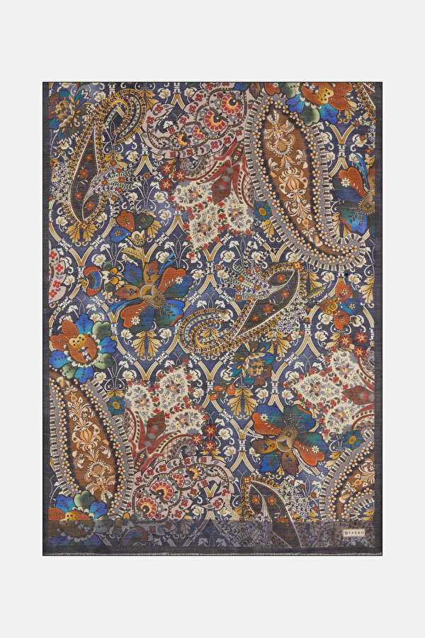 NAVY BLUE PAISLEY PATTERNED WOOL/SILK SHAWL