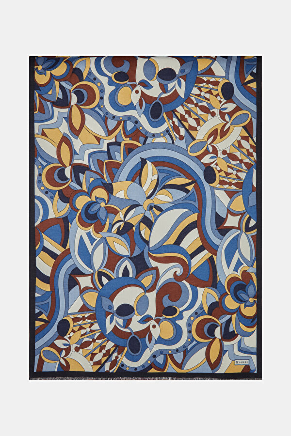 NAVY BLUE FLORAL PATTERN CASHMERE/SILK SHAWL
