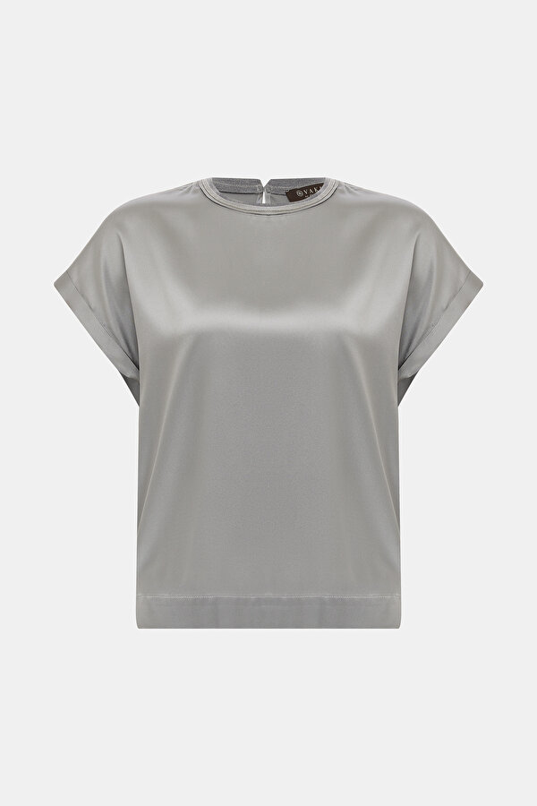 GREY BASIC / ROUND NECKLINE SHORT SLEEVE BLOUSE