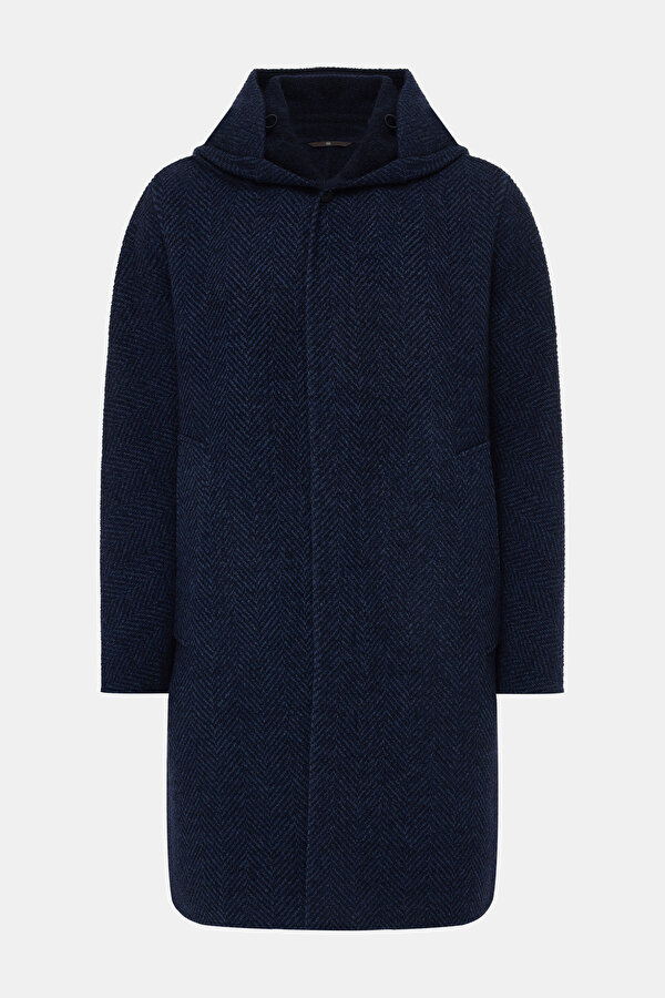 NAVY BLUE HERRINGBONE ALPACA WOOL TOPCOAT