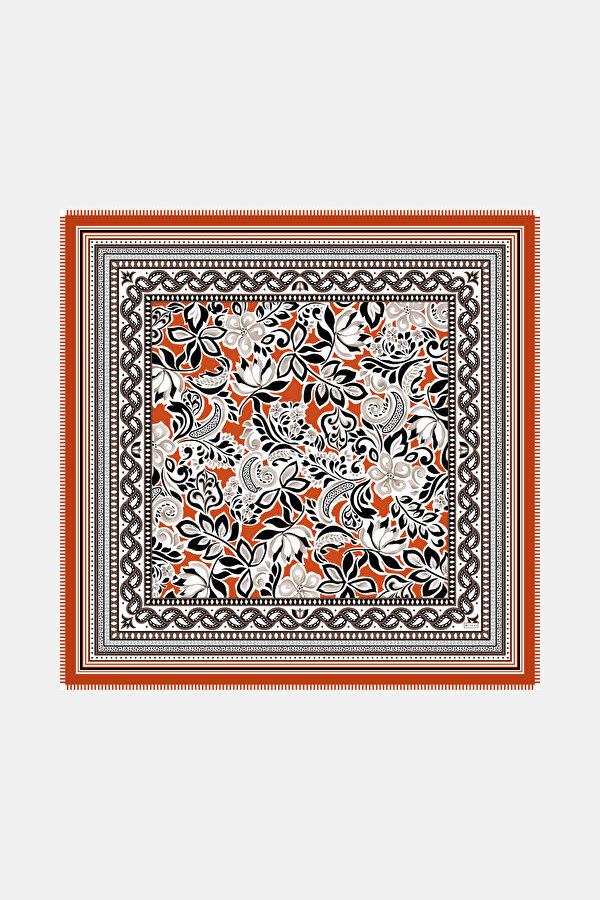 DARK ORANGE FLORAL PATTERN CASHMERE/SILK SHAWL