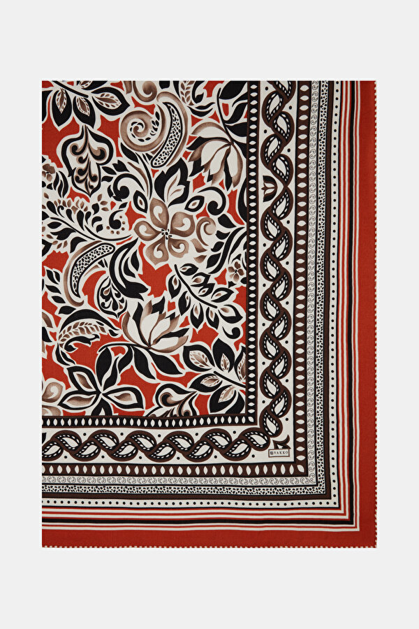 DARK ORANGE FLORAL PATTERN CASHMERE/SILK SHAWL 2