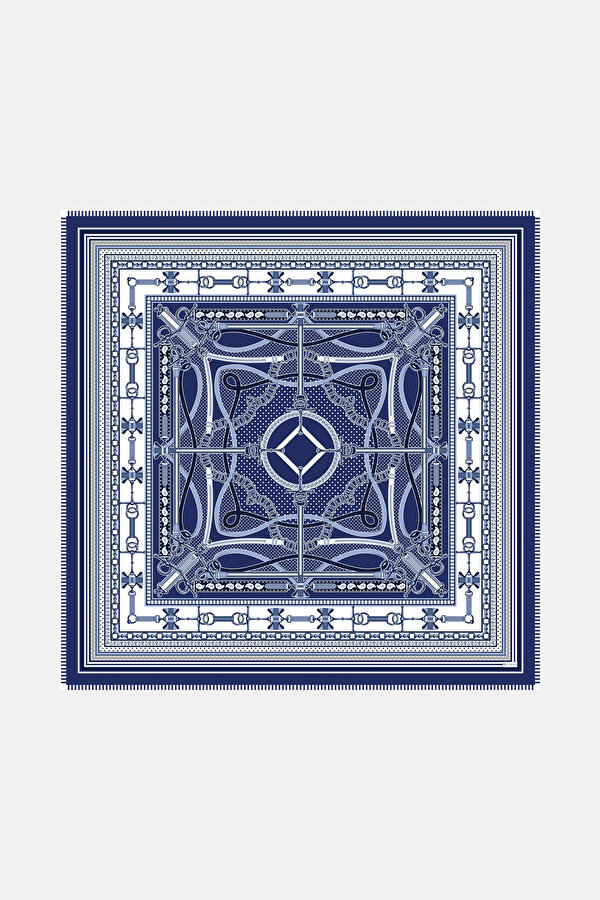 NAVY BLUE GEOMETRIC DESIGN CASHMERE/SILK SHAWL