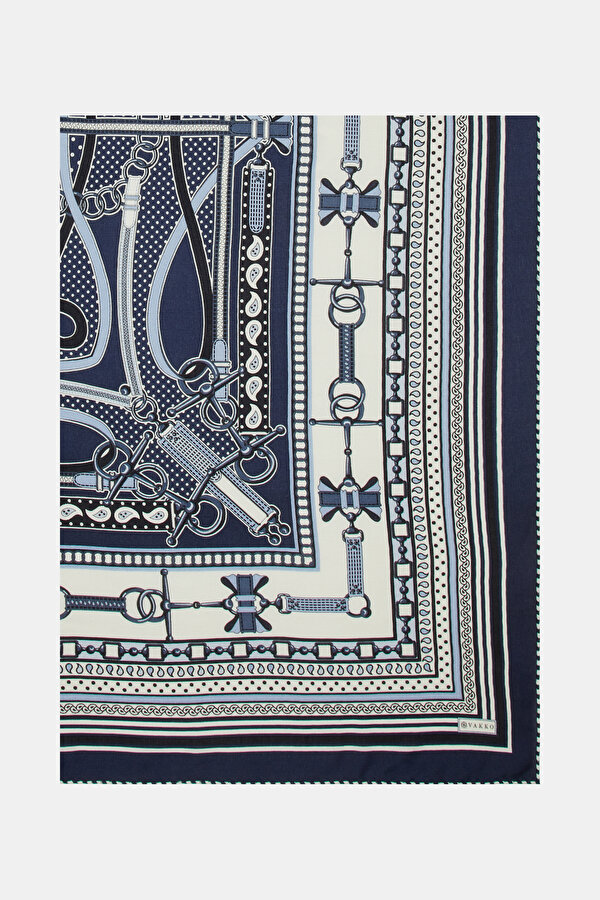 NAVY BLUE GEOMETRIC DESIGN CASHMERE/SILK SHAWL 2