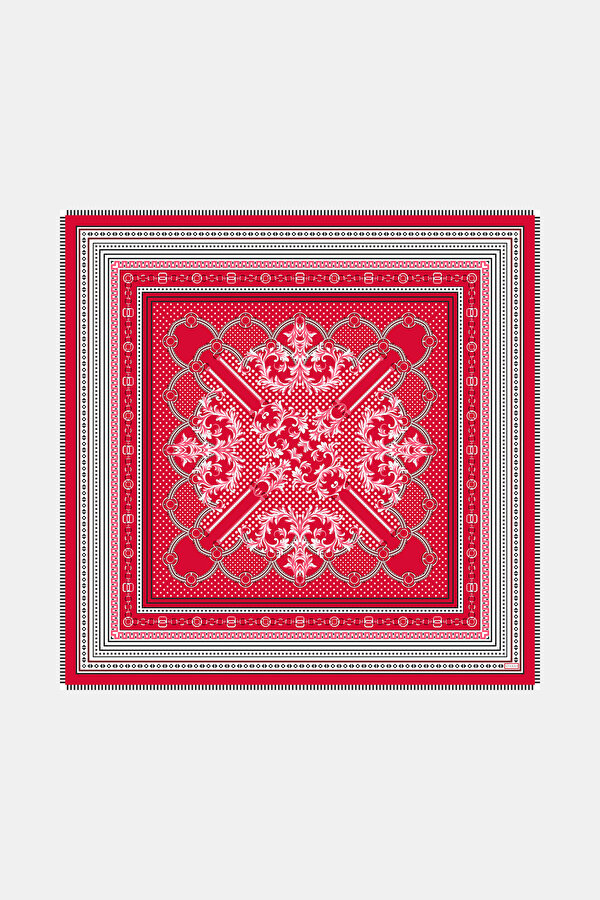 RED GEOMETRIC DESIGN CASHMERE/SILK SHAWL