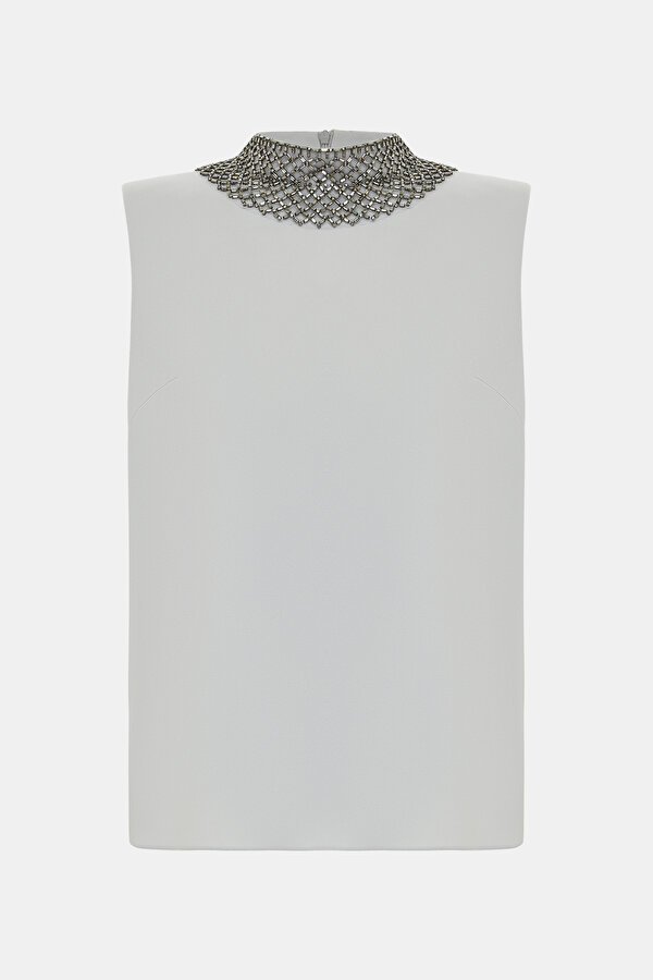LIGHT GREY 1/2 TURTLENECK SLEEVELESS BLOUSE