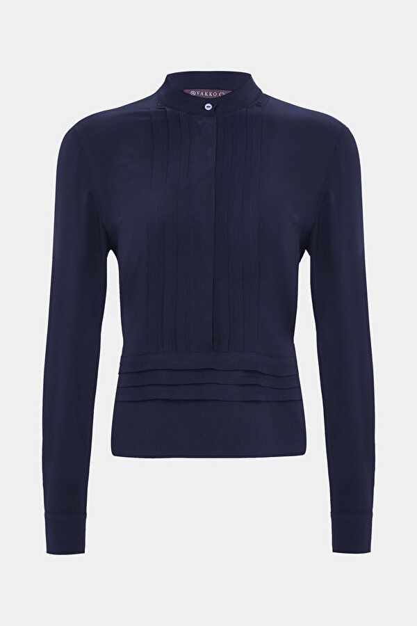 NAVY BLUE MANDARIN COLLAR LONG SLEEVE BLOUSE
