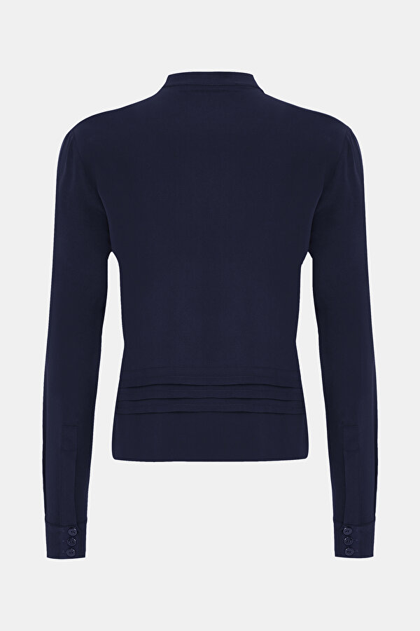 NAVY BLUE MANDARIN COLLAR LONG SLEEVE BLOUSE 2