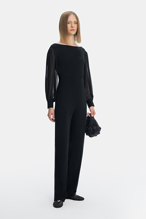 BLACK BOAT NECK LONG SLEEVE JUMPSUIT