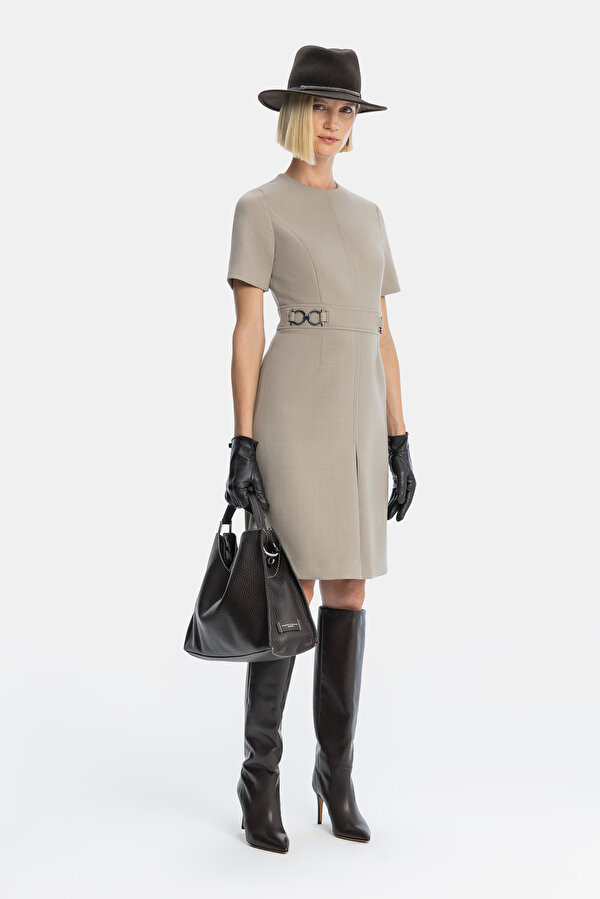 BEIGE SHORT SLEEVE ABOVE THE KNEE DRESS