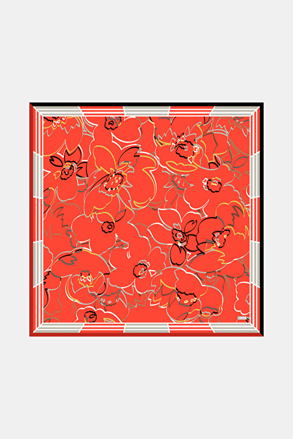 VERMILION FLORAL PATTERN TWILL SCARF