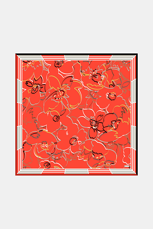 VERMILION FLORAL PATTERN TWILL SCARF