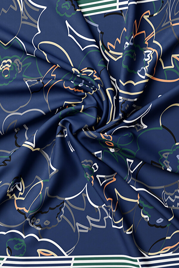 LACİVERT ÇİÇEK DESENLİ TWILL EŞARP 2