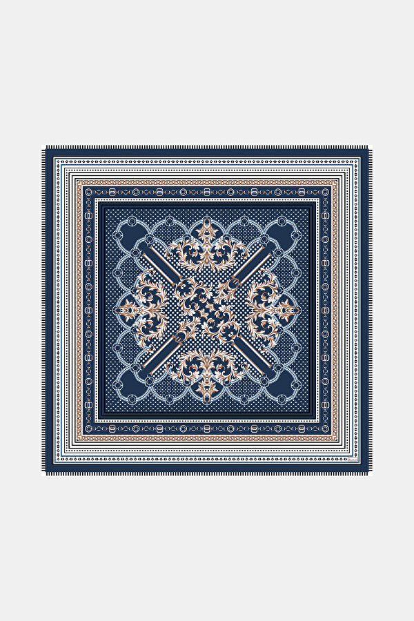 NAVY BLUE GEOMETRIC DESIGN CASHMERE/SILK SHAWL 2