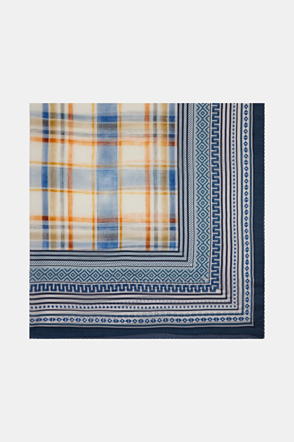 NAVY BLUE GEOMETRIC DESIGN WOOL/SILK SHAWL 2