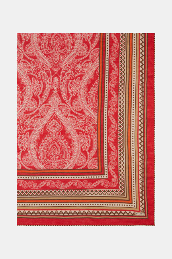 RED GEOMETRIC DESIGN WOOL/SILK SHAWL 2