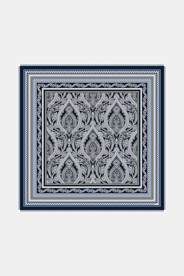 NAVY BLUE GEOMETRIC DESIGN WOOL/SILK SHAWL