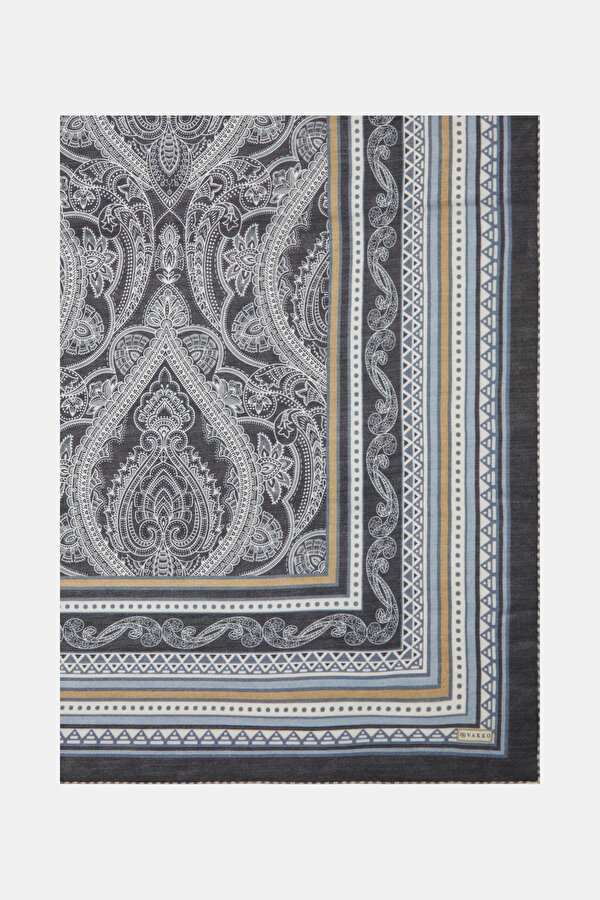 NAVY BLUE GEOMETRIC DESIGN WOOL/SILK SHAWL 2