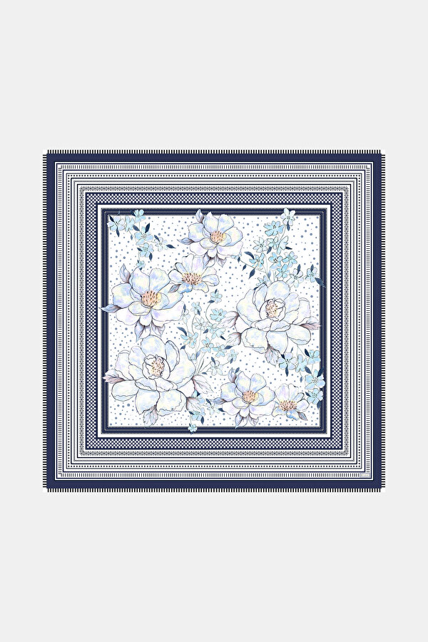 NAVY BLUE FLORAL PATTERN WOOL/SILK SHAWL