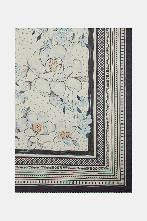 NAVY BLUE FLORAL PATTERN WOOL/SILK SHAWL 2