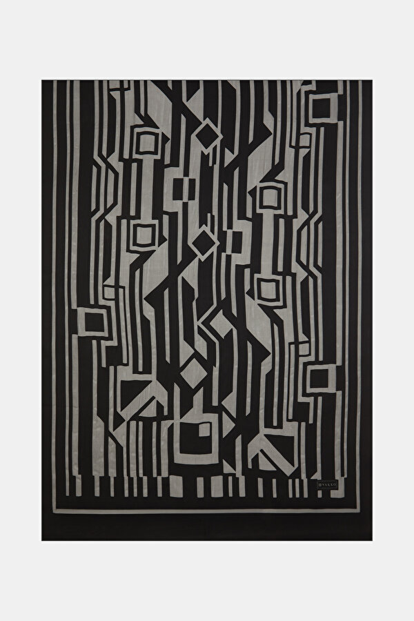 BLACK GEOMETRIC DESIGN SATIN STRIPED SILK FABRICS SHAWL