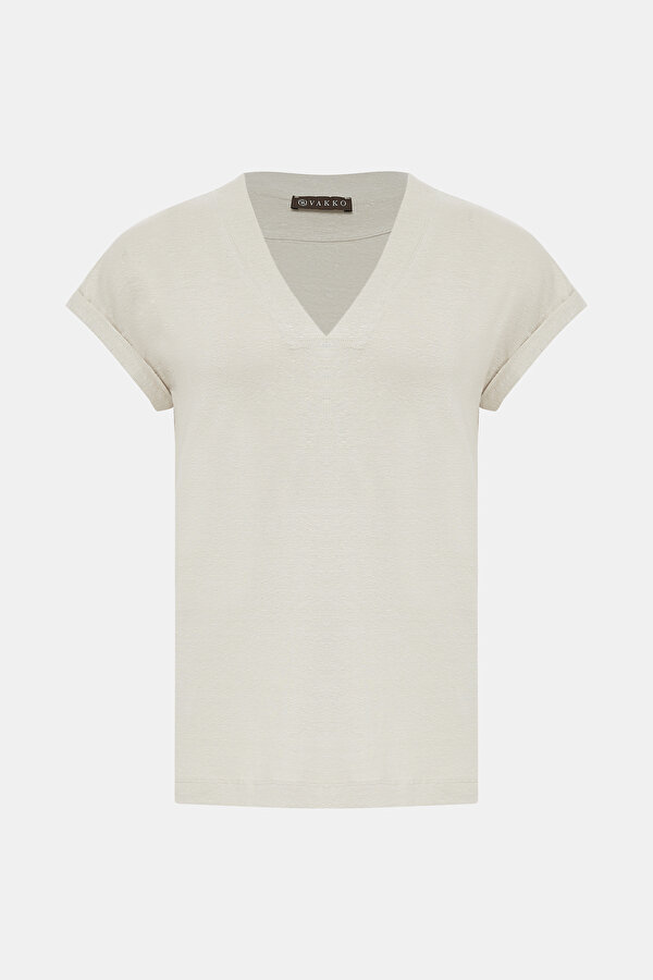BEIGE V NECK OFF THE SHOULDER TSHIRT