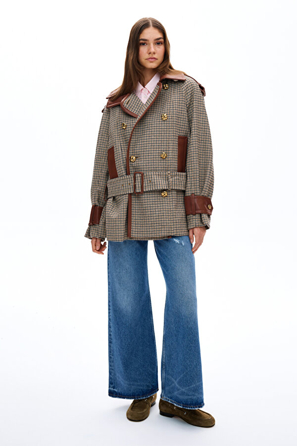BEIGE CHECK TRENCH COAT