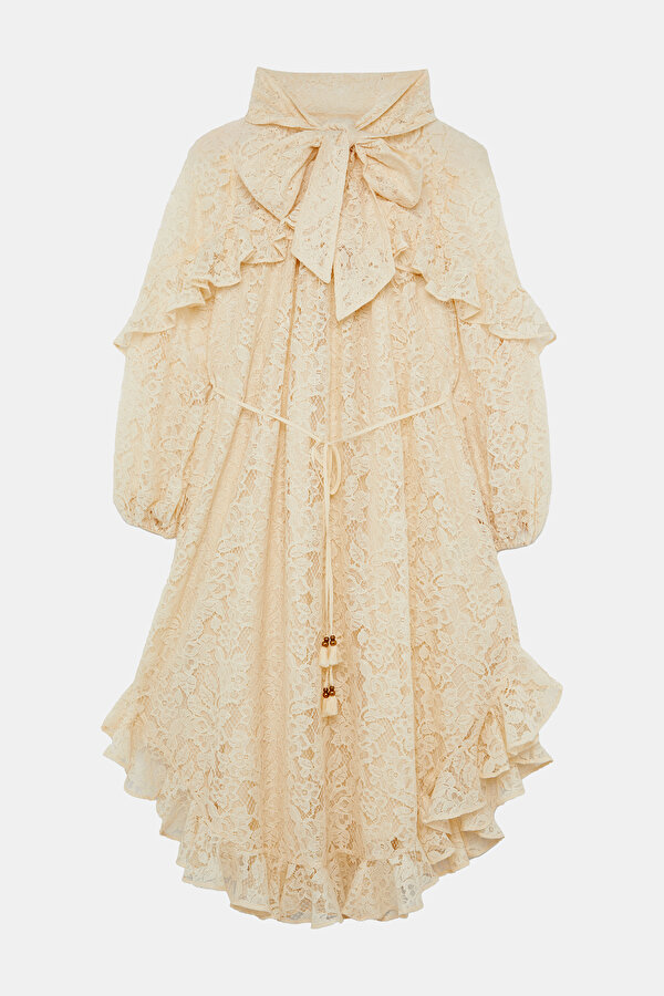 CREAM LACY MİDİ DRESS